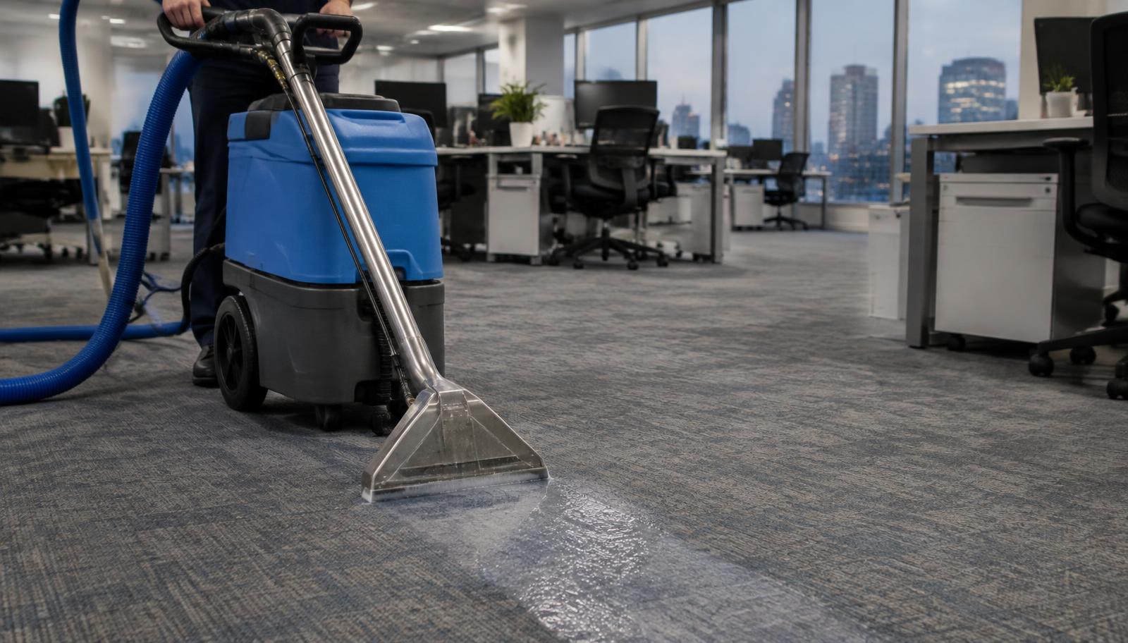 Illustrative photograph of an extraction machine cleaning carpet in an open-plan office