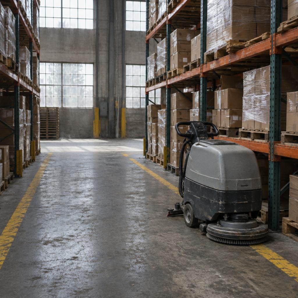 Photograph of a floor-cleaning machine in a distribution center aisle with shelving and boxes