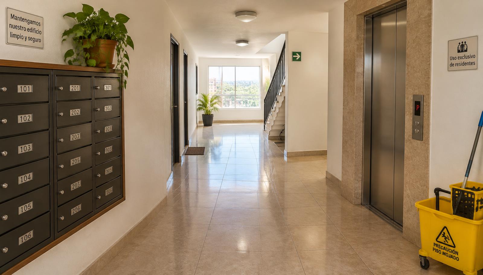 Illustrative photograph of the lobby and shared hallway of a residential building