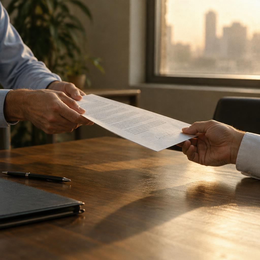 Photo of two hands exchanging a signed contract over a conference table in afternoon light