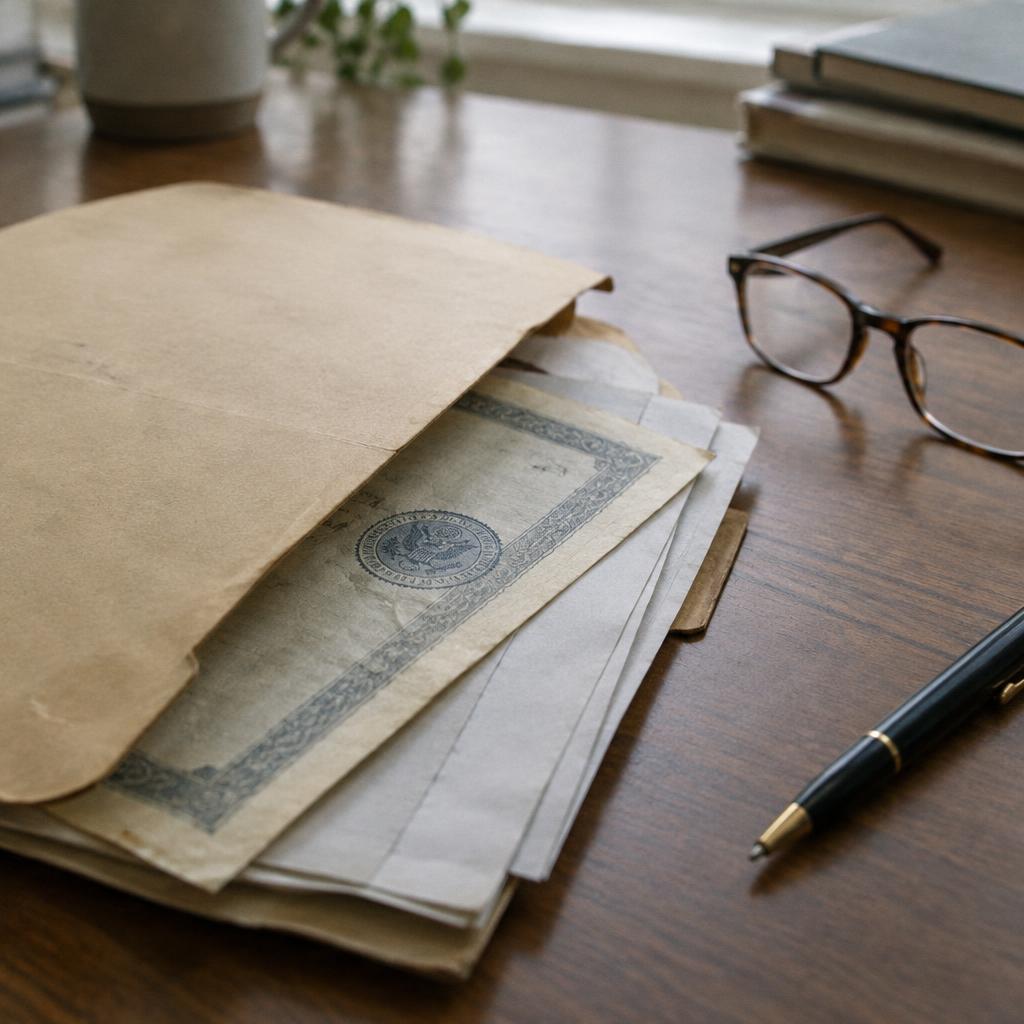 Photo of a folder with documents and a stamped certificate on a wooden desk, with glasses and a pen
