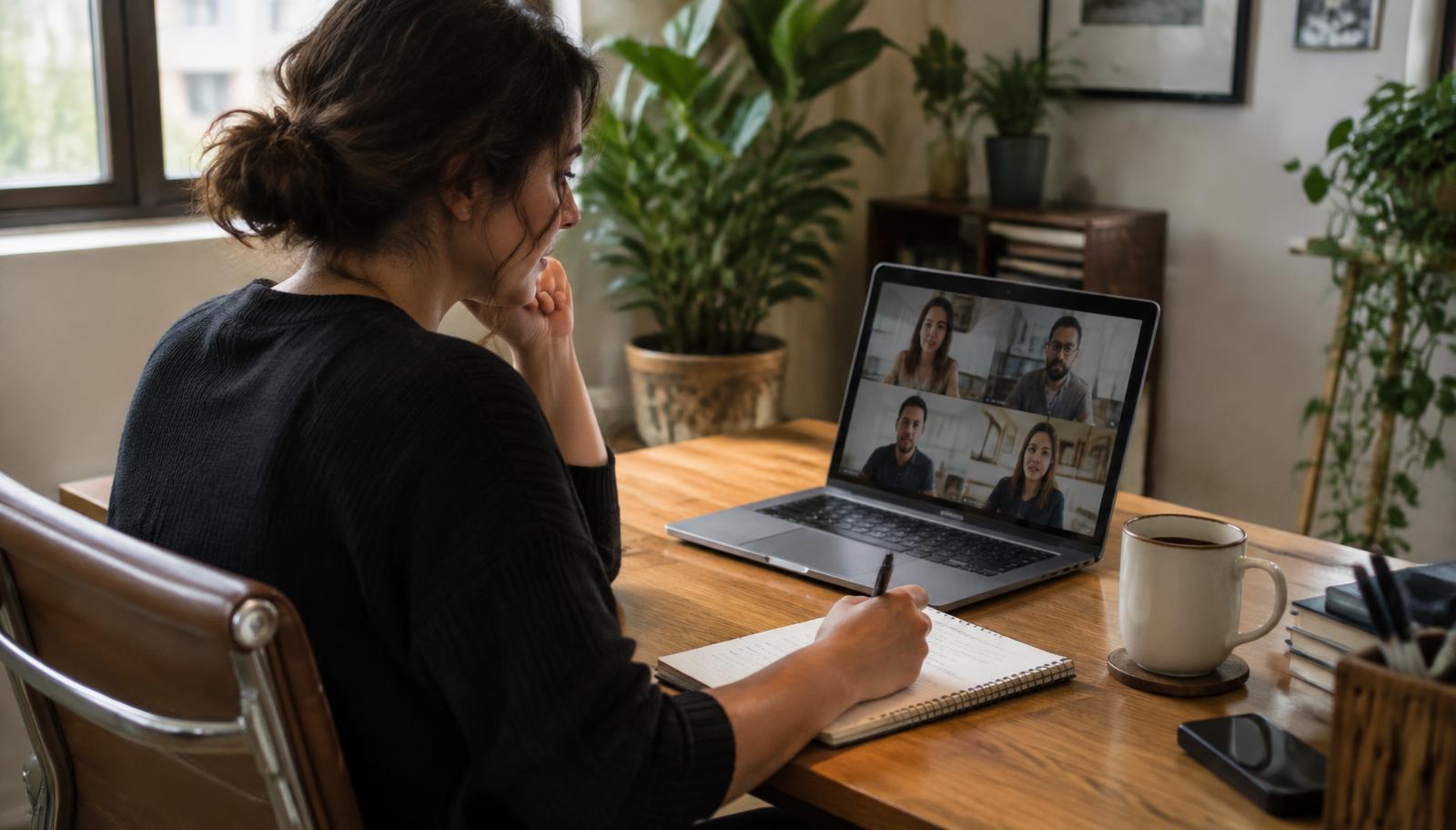 Fotografía ilustrativa de una mujer tomando notas durante una videollamada