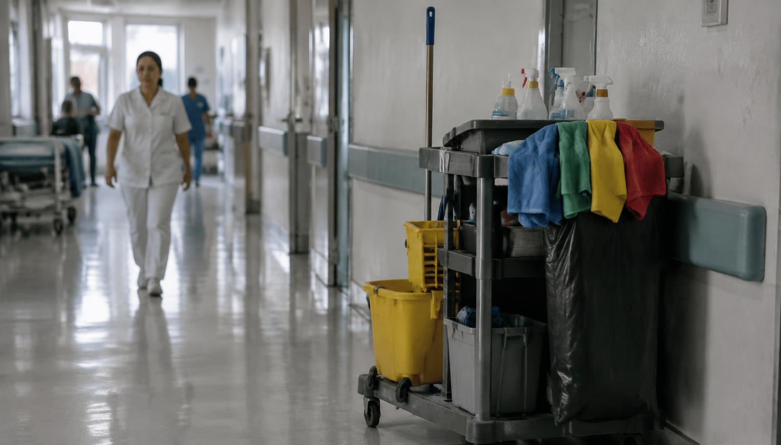 Fotografía ilustrativa de un carrito de limpieza con paños de colores en un pasillo de hospital