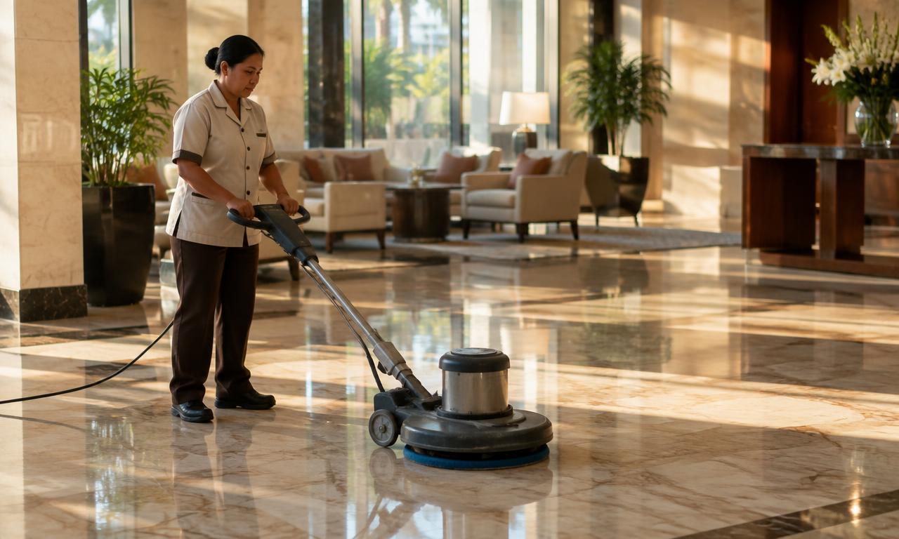 Fotografía ilustrativa de una trabajadora puliendo el piso de mármol del vestíbulo de un hotel