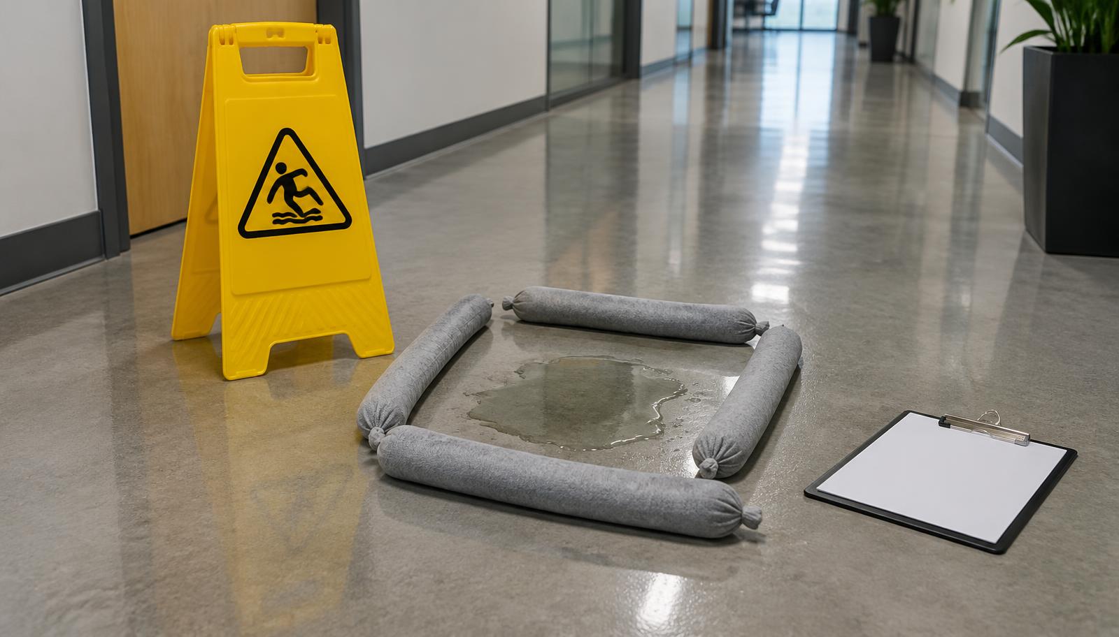 Illustrative photograph of a wet-floor sign and a report form in a hallway