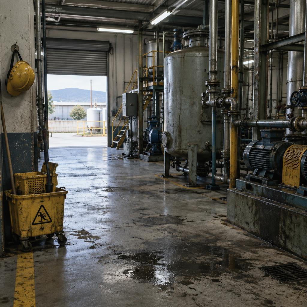 Photograph of an industrial plant interior with machinery, piping, a cleaning cart, and a hard hat hanging on the wall
