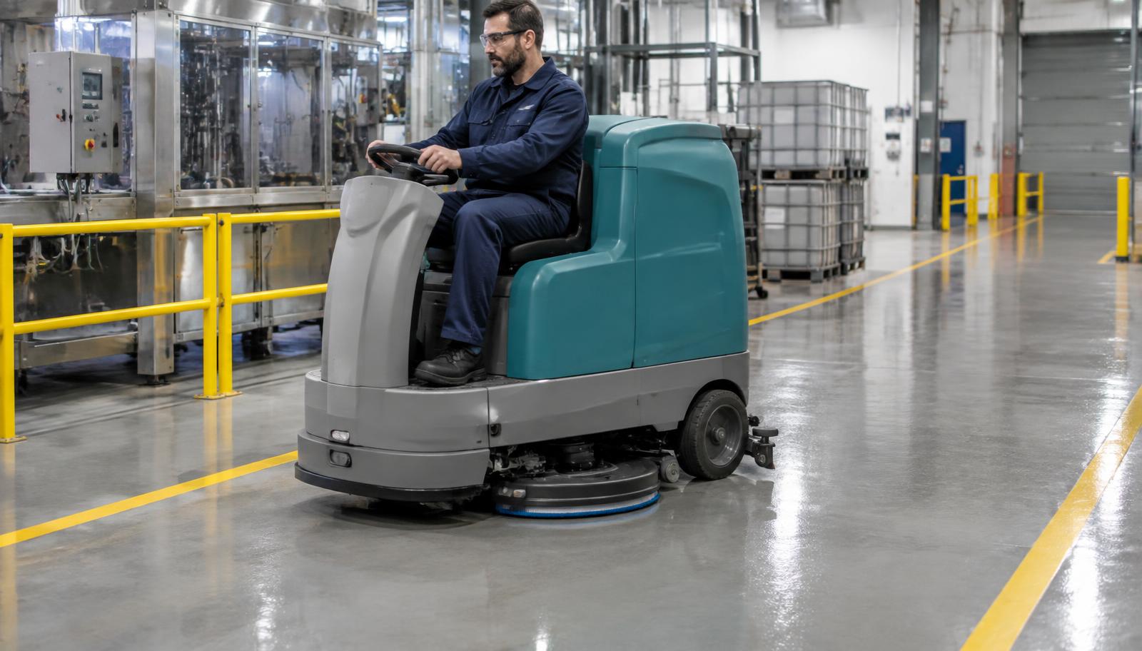 Illustrative photograph of an industrial scrubber on a coated floor in an industrial building