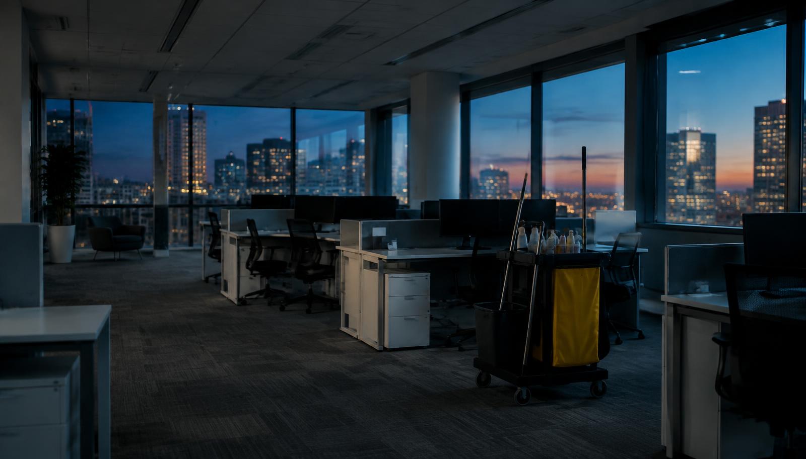 Illustrative photograph of an empty office at dusk with a cleaning cart