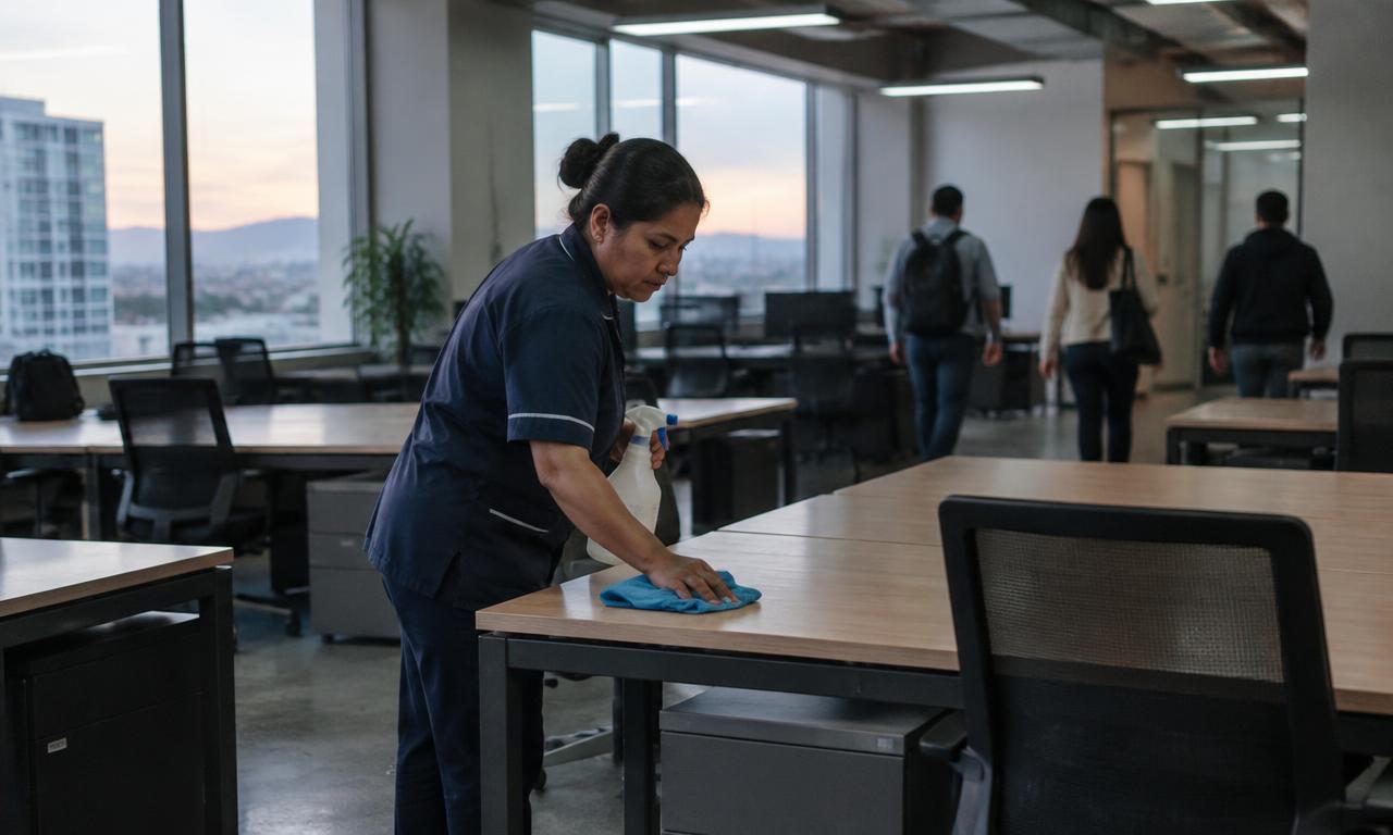 Fotografía ilustrativa de una trabajadora limpiando escritorios en una oficina al final de la jornada