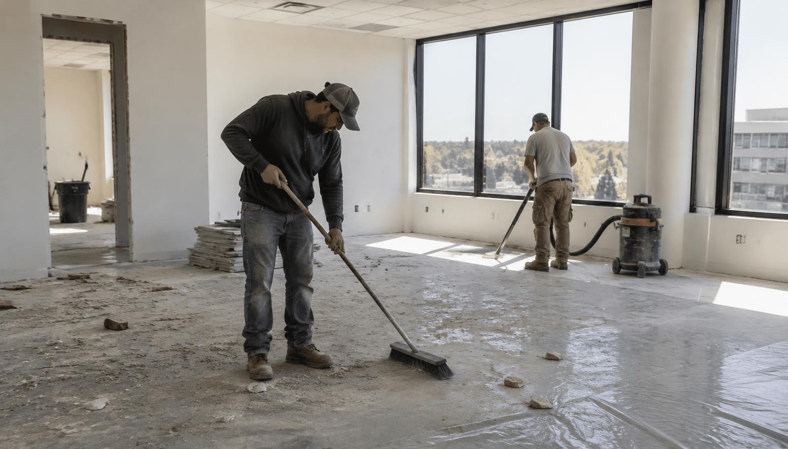 Fotografía ilustrativa de dos trabajadores barriendo y aspirando una oficina recién remodelada