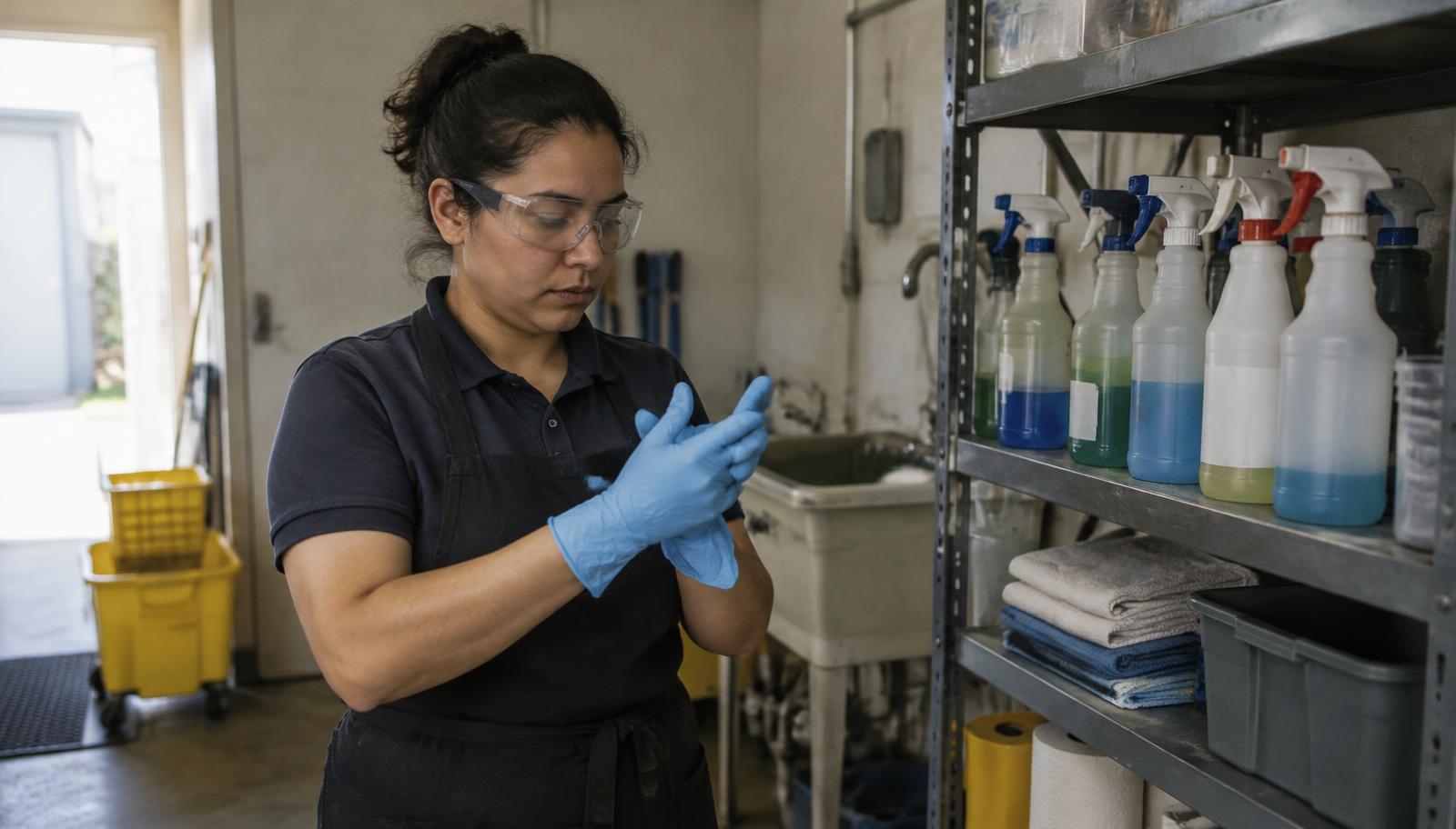 Fotografía ilustrativa de una trabajadora poniéndose guantes y lentes de protección junto a un estante de productos
