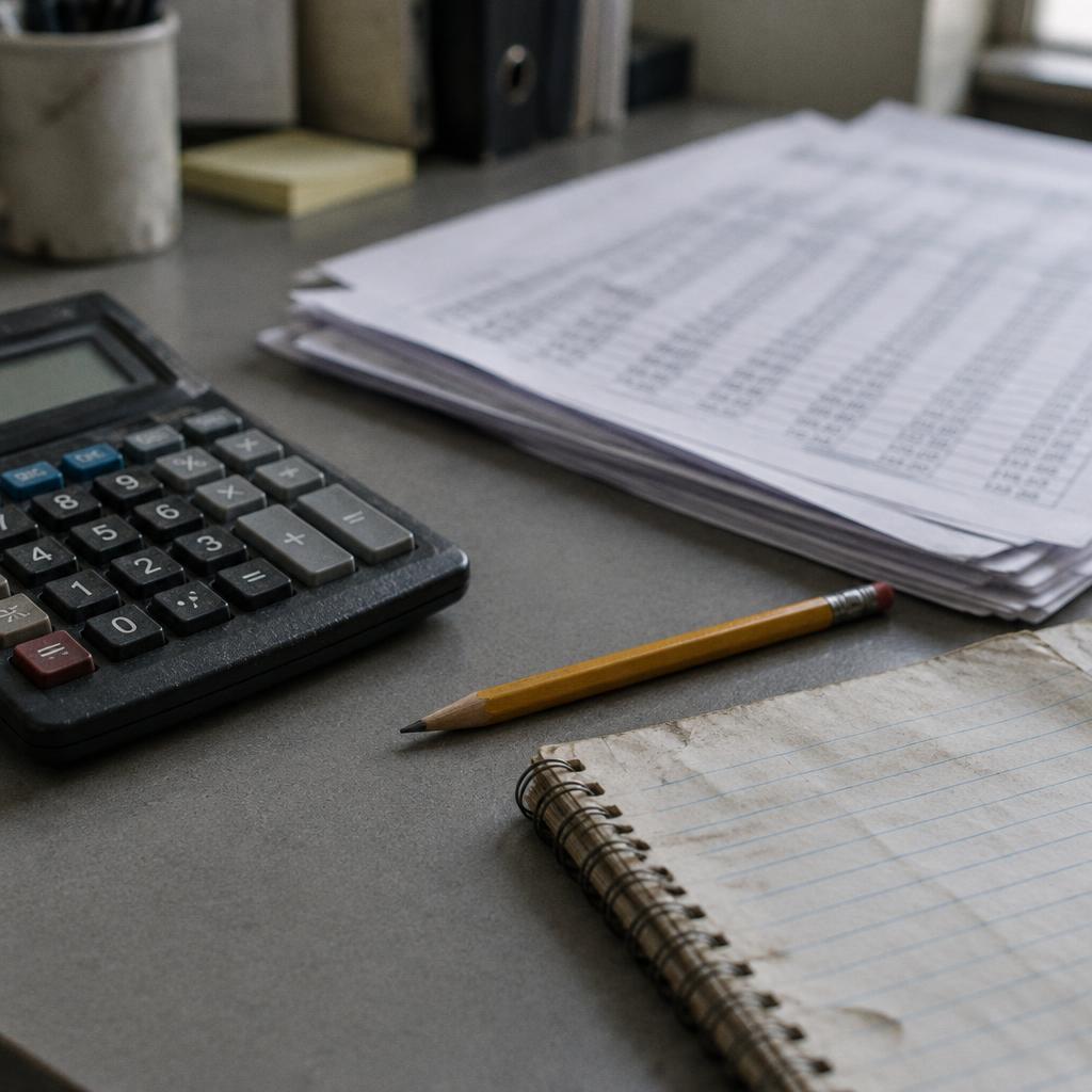 Photo of a calculator, printed spreadsheets, a pencil, and a notebook on an office desk