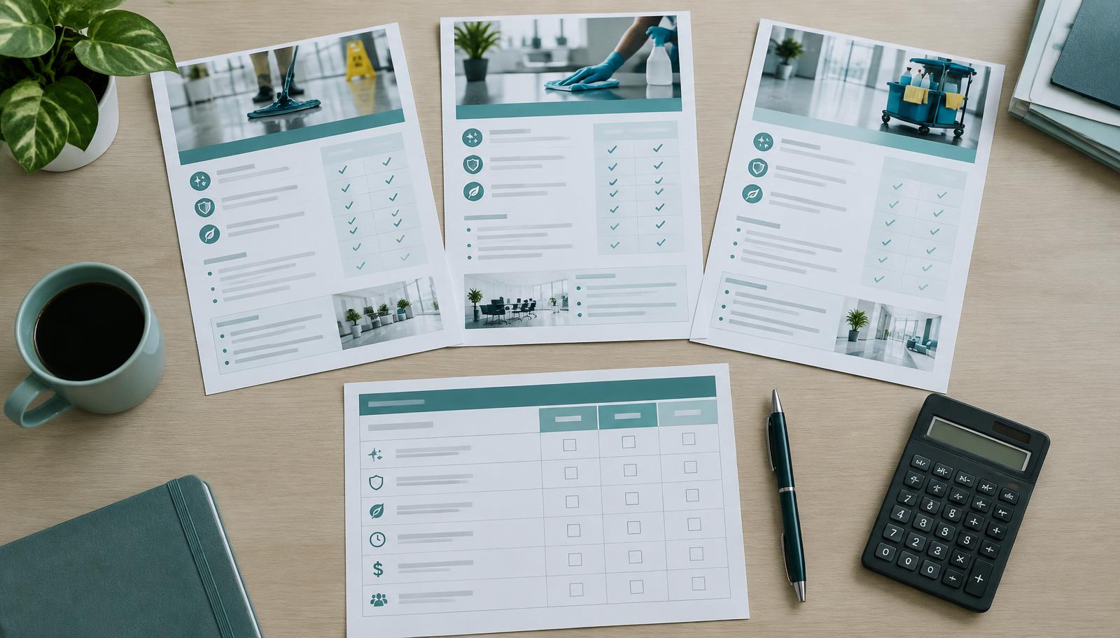 Illustrative photograph of printed proposals and an evaluation matrix on a conference table