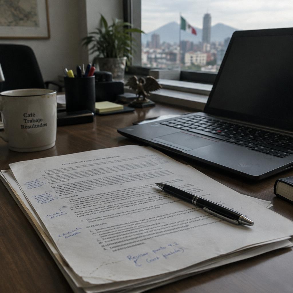 Photograph of an office desk with a printed contract with handwritten notes, a pen, and a laptop in natural window light