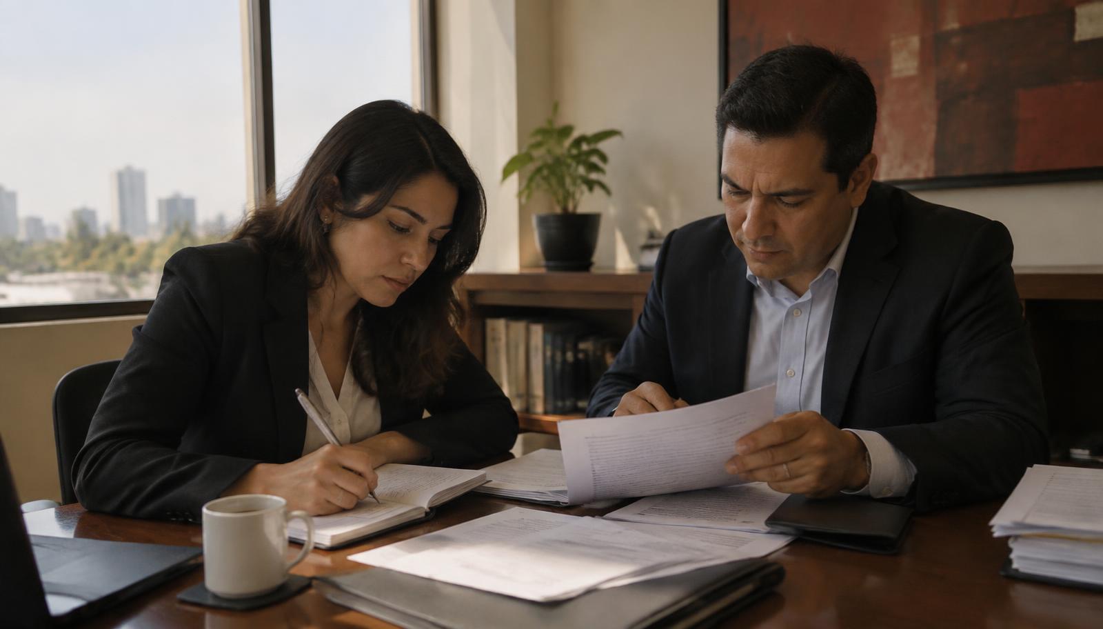 Fotografía ilustrativa de dos personas revisando documentos de una empresa en una oficina