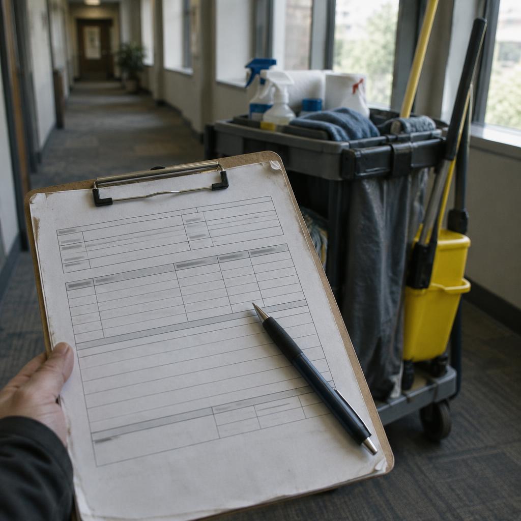 Photo of a request for quotation form on a clipboard, with a cleaning cart in the background in an office hallway