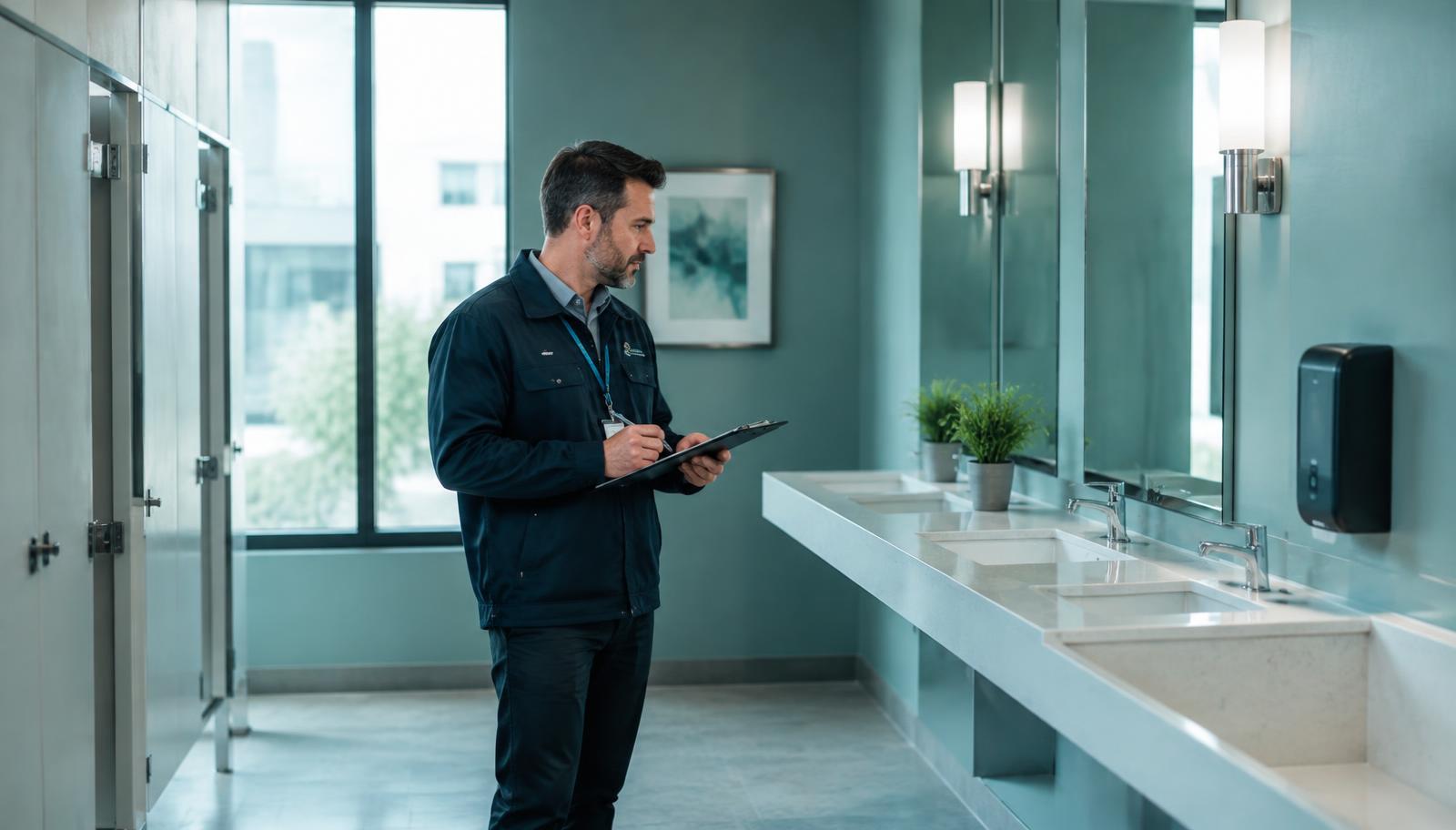 Illustrative photograph of a person with a clipboard inspecting a clean office area