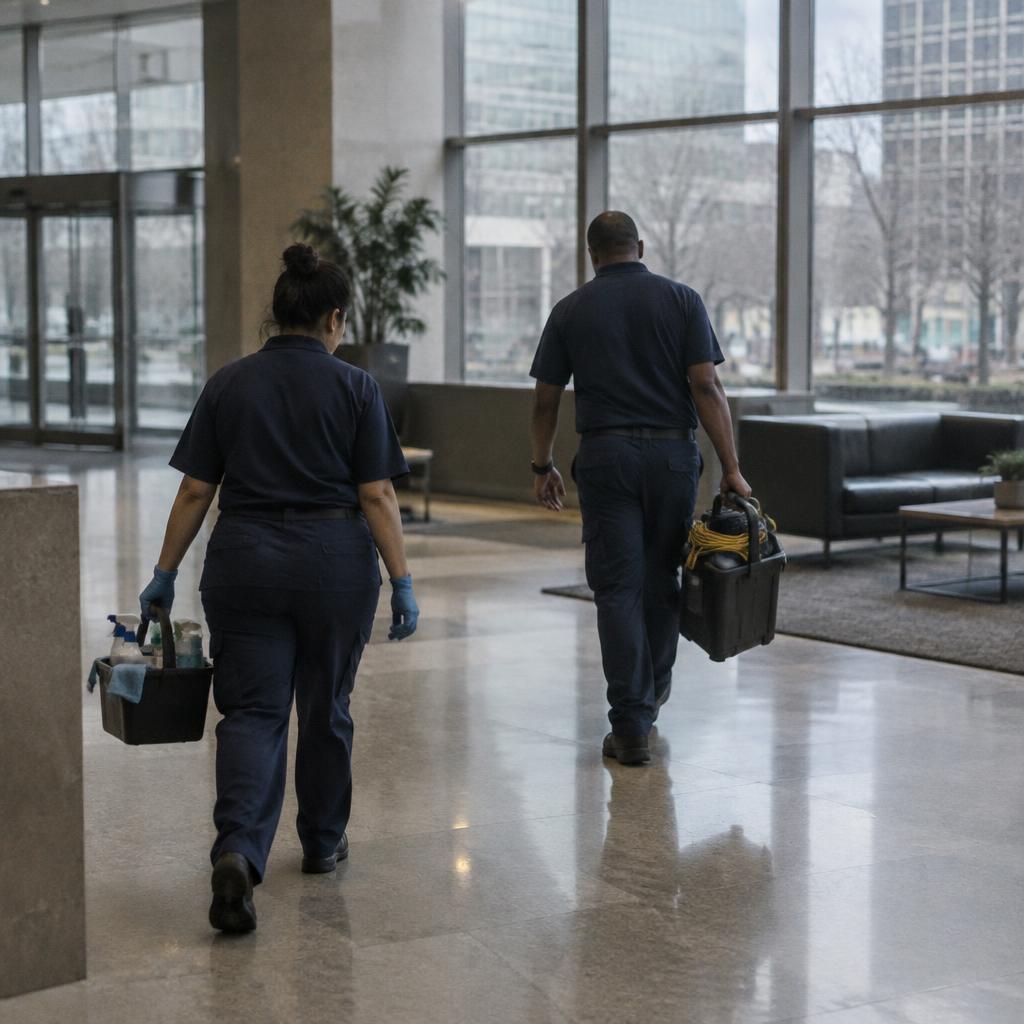 Photo of two uniformed cleaning workers walking through a corporate office lobby with their equipment
