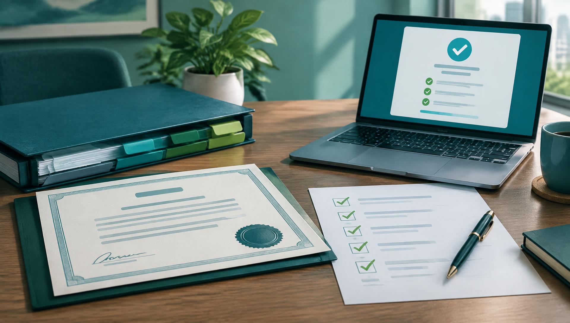 Illustration of a compliance file with a sealed certificate, checklist and on-screen verification