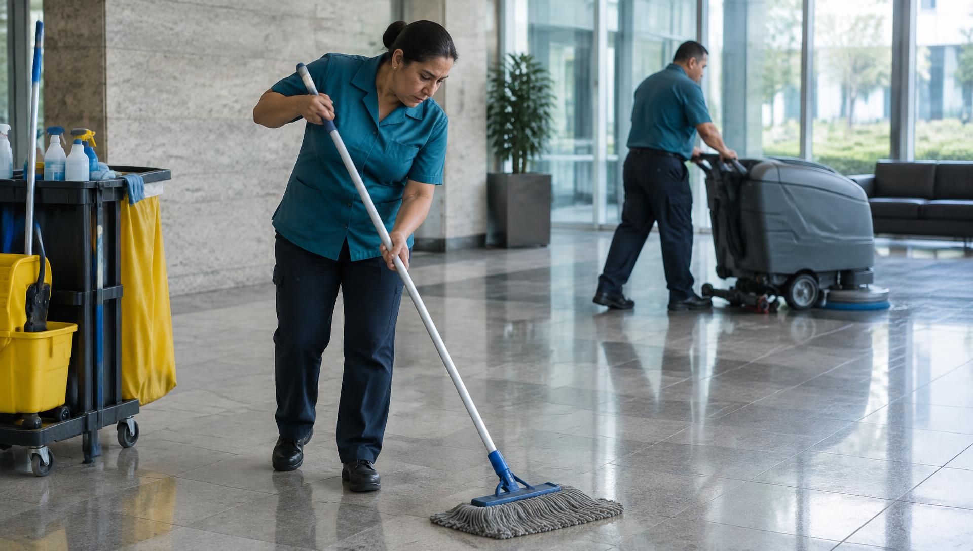 Cleaning staff mopping the floor and operating a floor scrubber in a corporate lobby