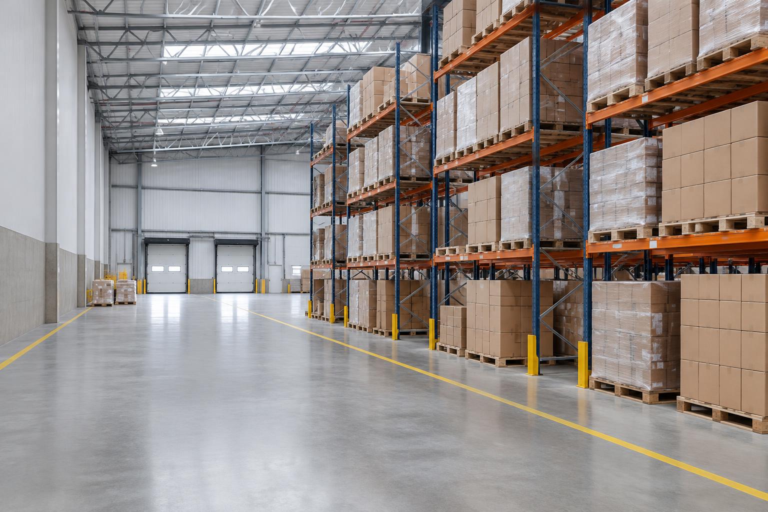 Illustration of a distribution center with racks, pallets and circulation aisles