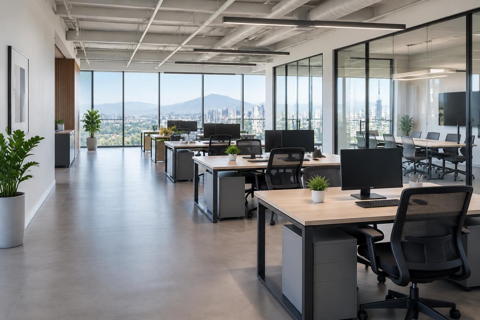 Illustration of corporate offices with desks and meeting rooms
