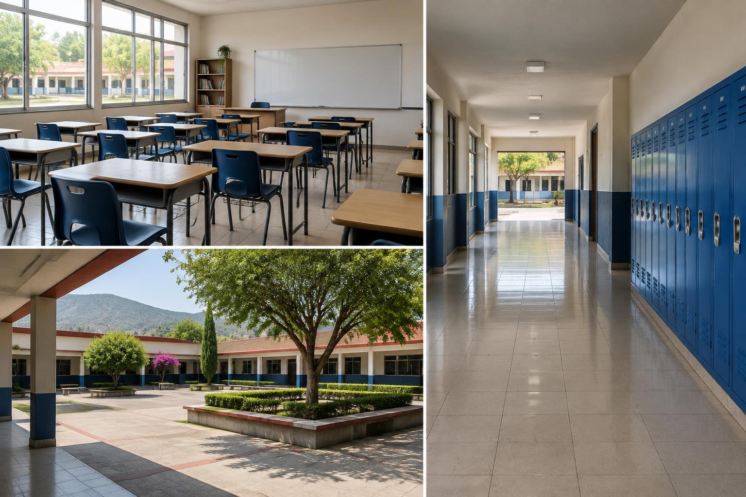 Ilustración de un aula, un pasillo con casilleros y el patio de una escuela