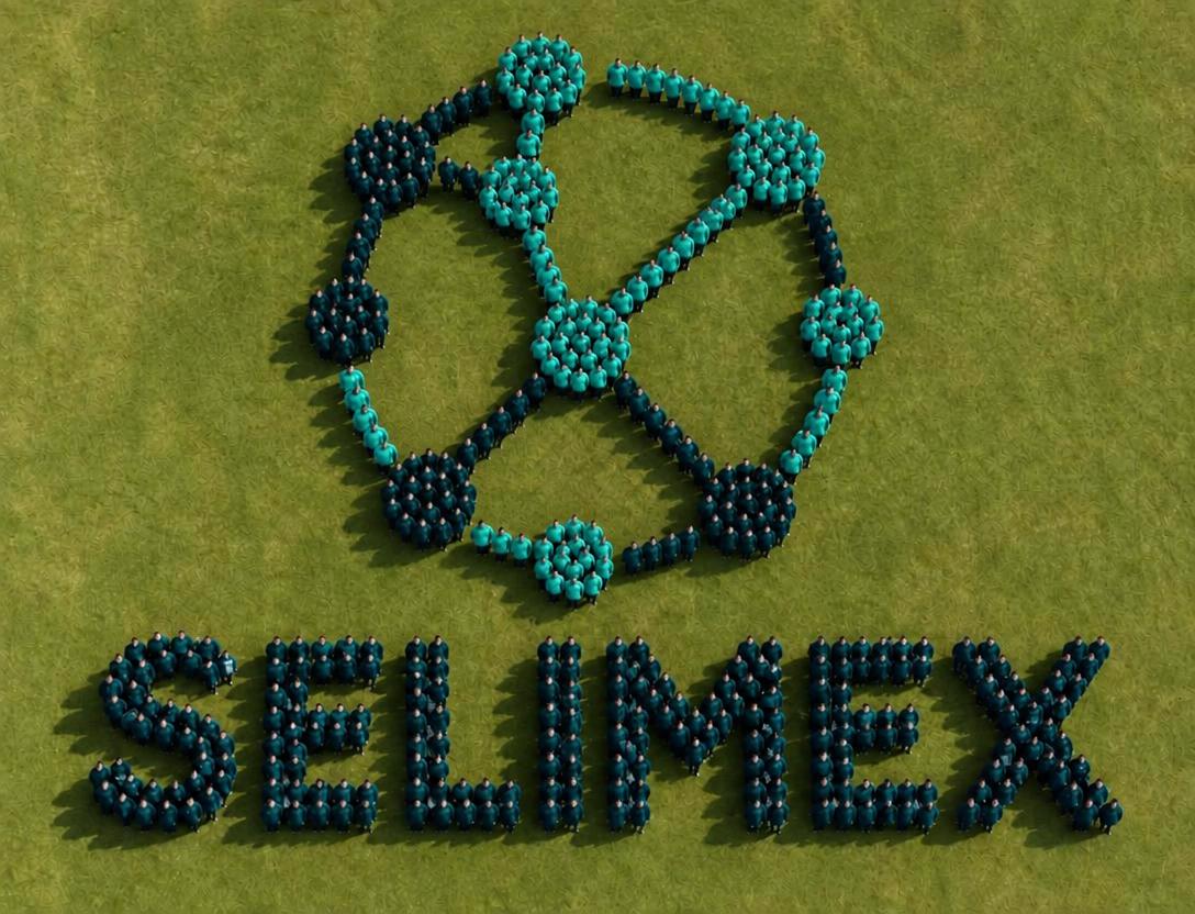 Ilustración aérea de personal con uniformes en los colores de SELIMEX formando el logo y la palabra SELIMEX